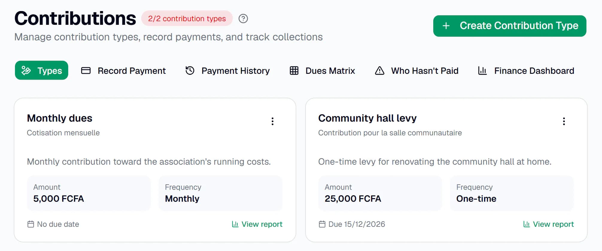 Contribution types in VillageClaq for a fictional group, including monthly dues of 5,000 FCFA