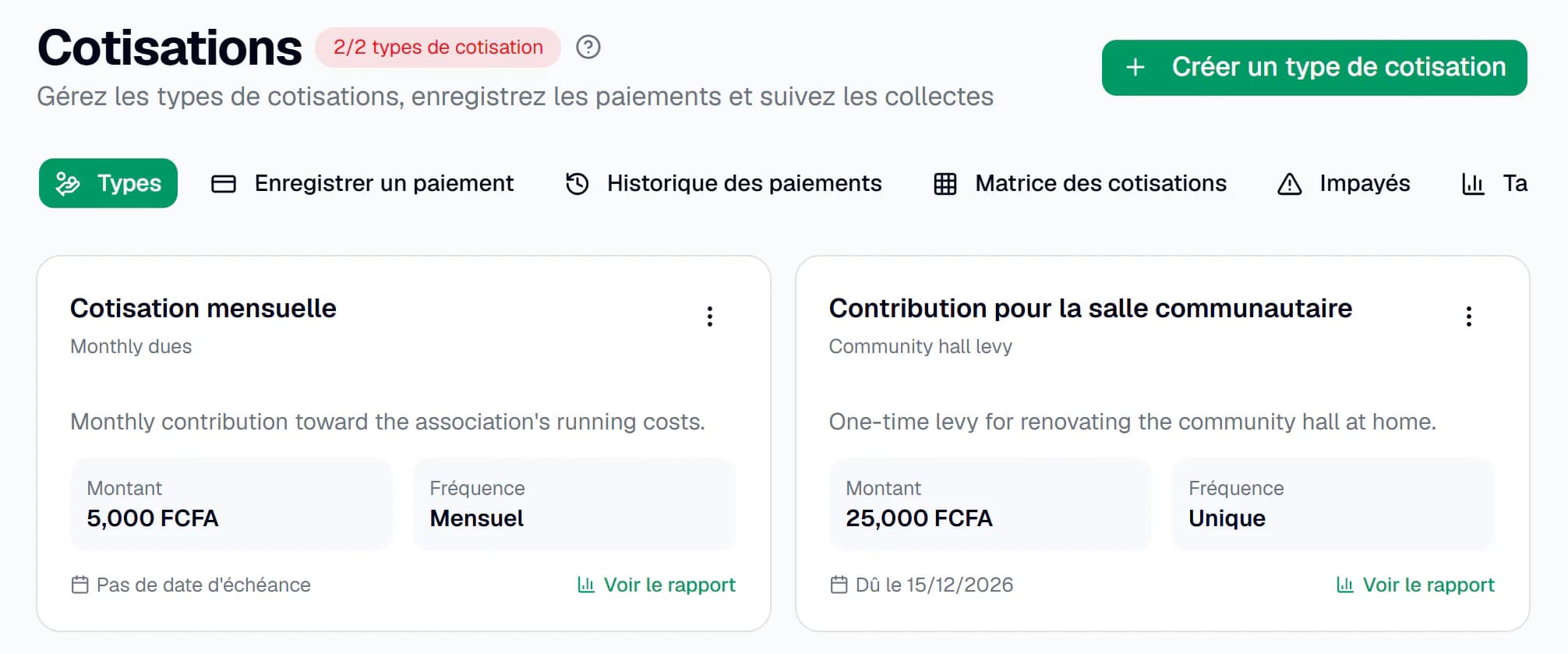 Types de cotisation dans VillageClaq pour un groupe fictif, dont une cotisation mensuelle de 5 000 FCFA