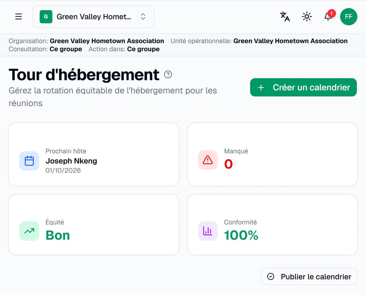 Tour d’hébergement dans VillageClaq : prochain hôte, aucun tour manqué, équité et conformité pour un groupe fictif