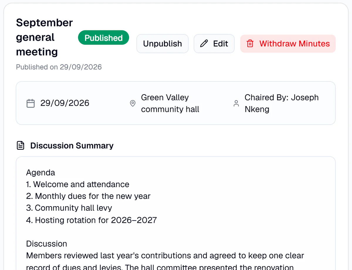 Meeting minutes published in VillageClaq for a fictional group